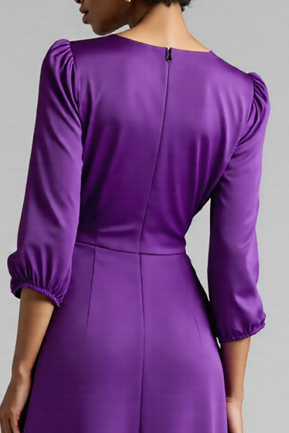 Plum Satin A Line Midi Ruched Work Dress with Half Sleeves