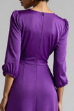 Plum Satin A Line Midi Ruched Work Dress with Half Sleeves