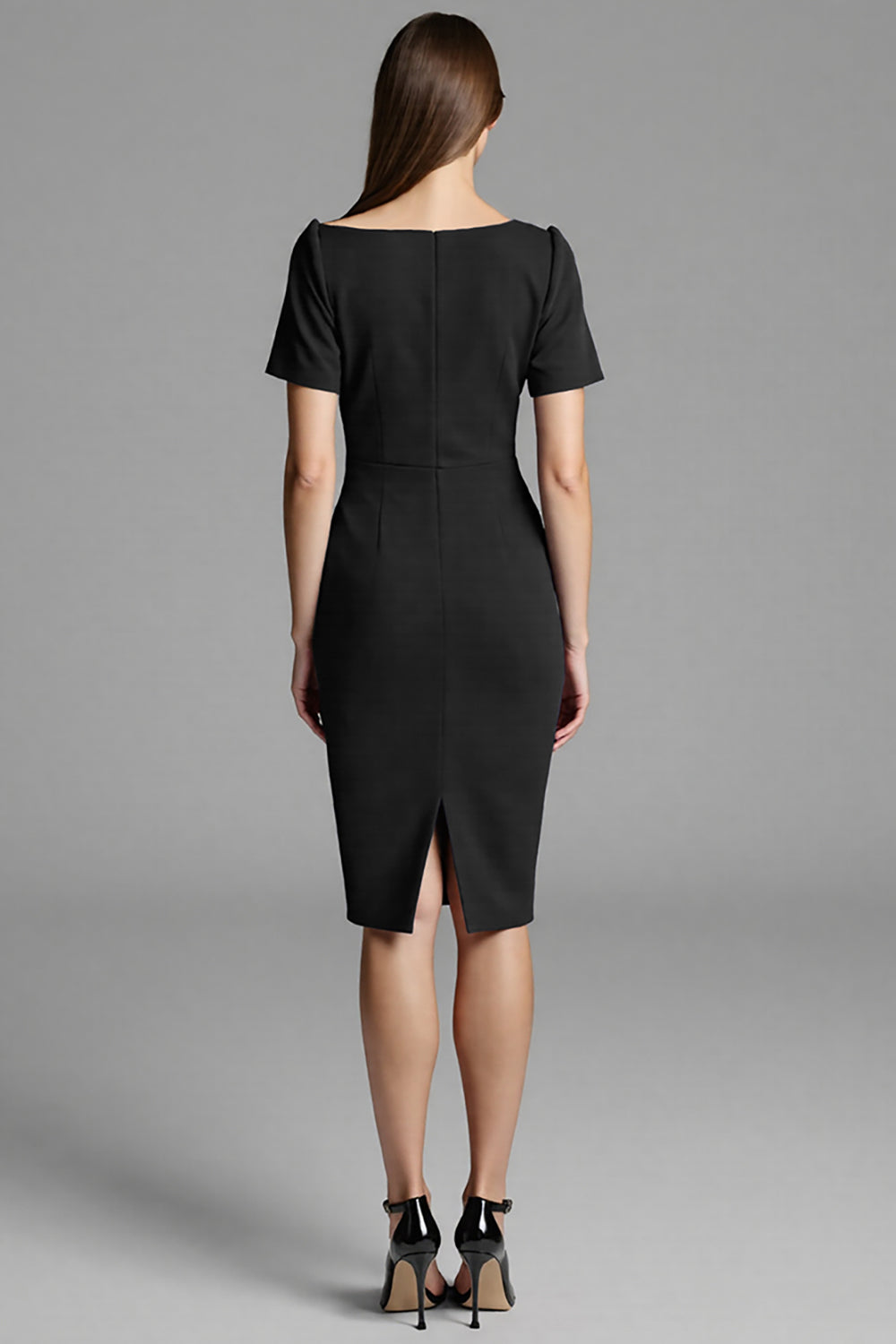 Navy Satin Bodycon Asymmetrical Neck Midi Work Dress with Sleeves