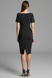 Navy Satin Bodycon Asymmetrical Neck Midi Work Dress with Sleeves