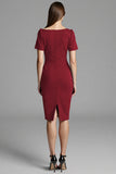 Navy Satin Bodycon Asymmetrical Neck Midi Work Dress with Sleeves