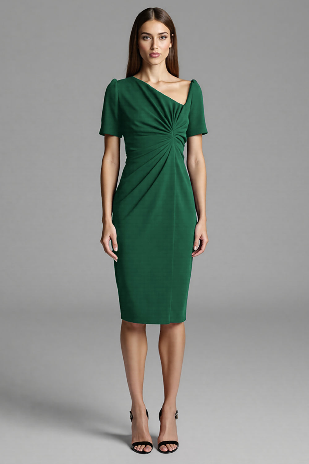 Navy Satin Bodycon Asymmetrical Neck Midi Work Dress with Sleeves