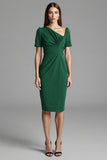 Navy Satin Bodycon Asymmetrical Neck Midi Work Dress with Sleeves