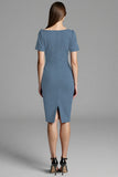 Navy Satin Bodycon Asymmetrical Neck Midi Work Dress with Sleeves