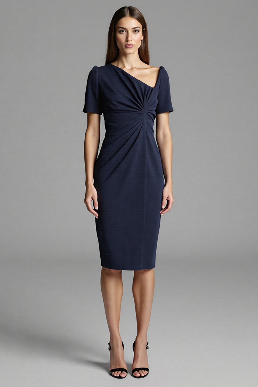 Royal Blue Bodycon Satin Asymmetrical Neck Midi Work Dress with Sleeves