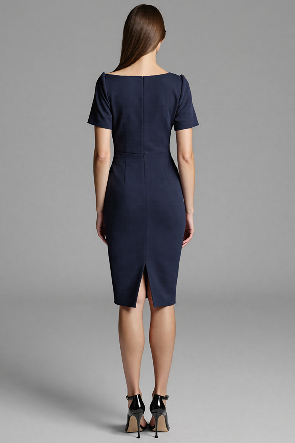 Navy Satin Bodycon Asymmetrical Neck Midi Work Dress with Sleeves