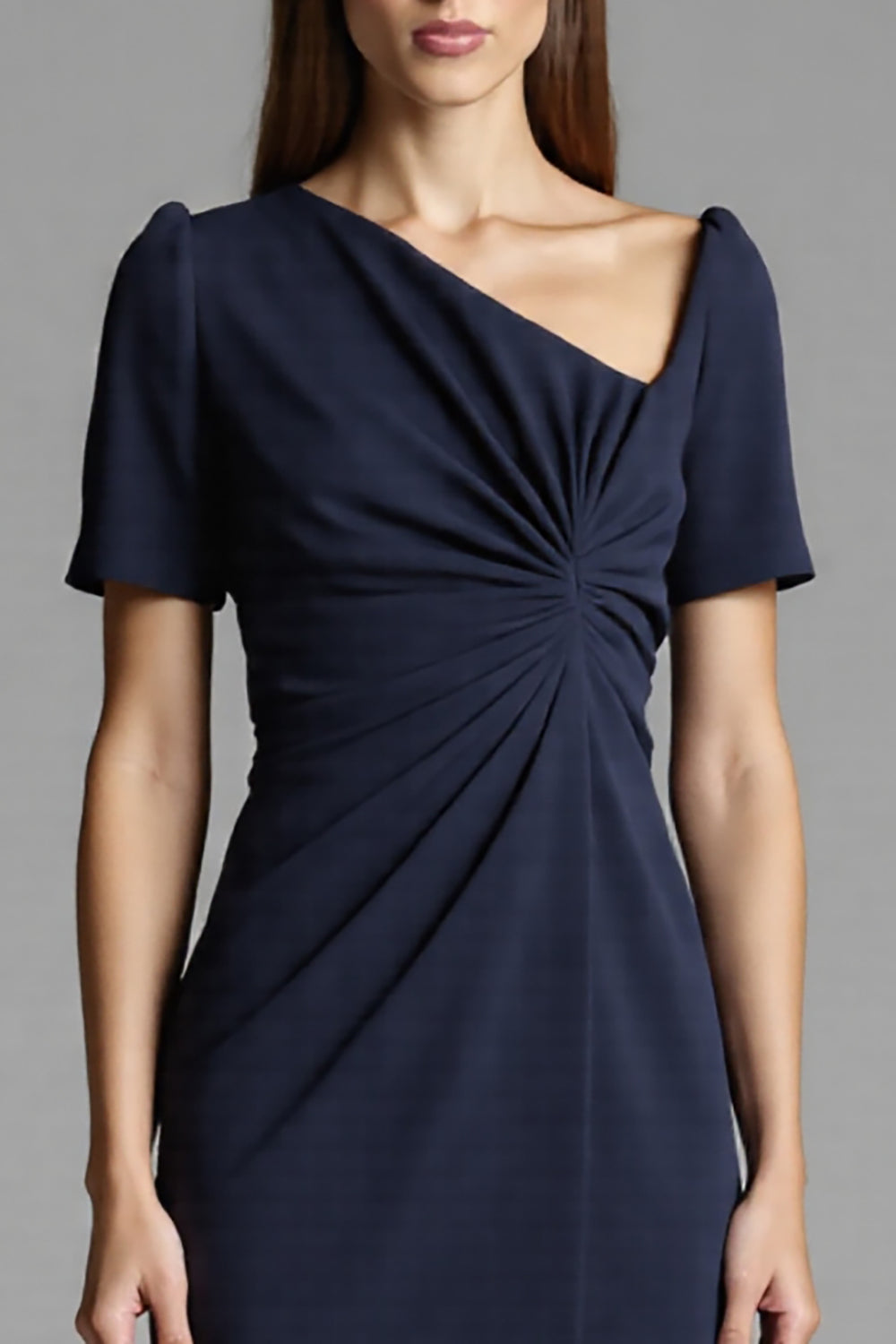 Navy Satin Bodycon Asymmetrical Neck Midi Work Dress with Sleeves