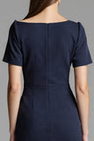 Navy Satin Bodycon Asymmetrical Neck Midi Work Dress with Sleeves