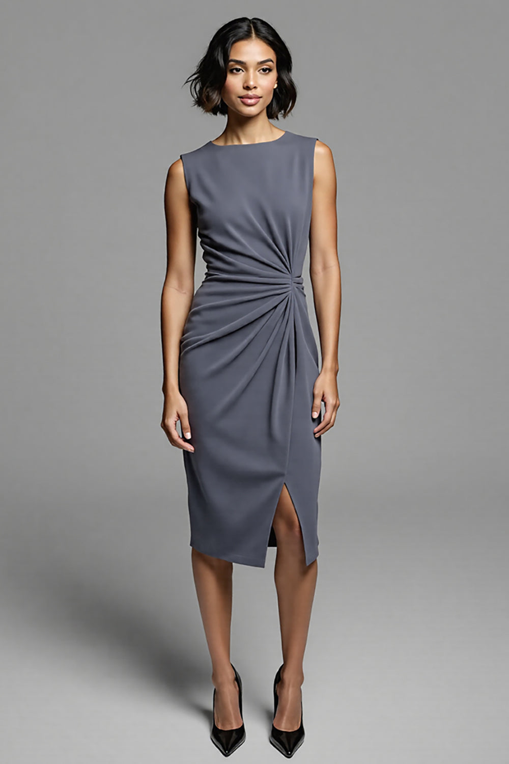 Royal Blue Satin Bodycon Midi Ruched Work Dress with Slit