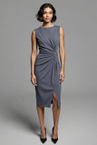 Royal Blue Satin Bodycon Midi Ruched Work Dress with Slit