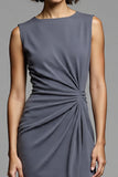 Grey Bodycon Satin Crew Neck Midi Ruched Work Dress with Slit