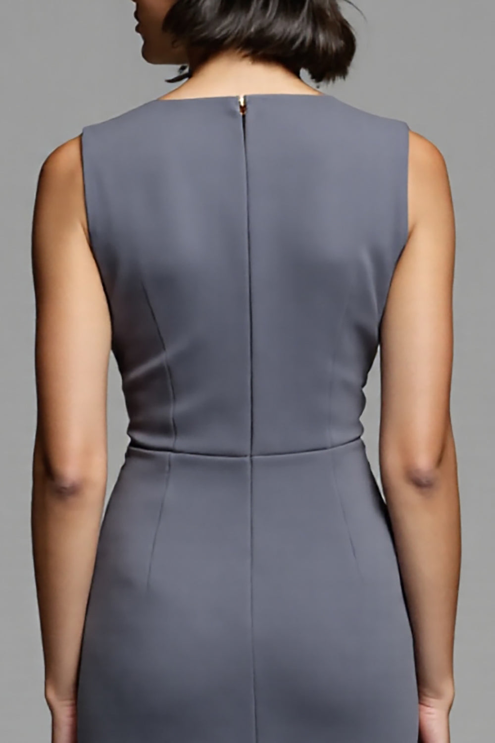 Grey Bodycon Satin Crew Neck Midi Ruched Work Dress with Slit