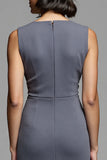Grey Bodycon Satin Crew Neck Midi Ruched Work Dress with Slit