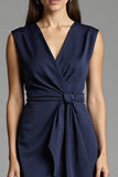 Navy Bodycon Satin V-Neck Ruched Midi Work Dress with Ruffles