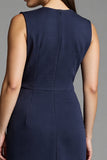 Navy Bodycon Satin V-Neck Ruched Midi Work Dress with Ruffles
