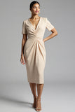 Champagne Bodycon V-Neck Midi Satin Work Dress with Short Sleeves