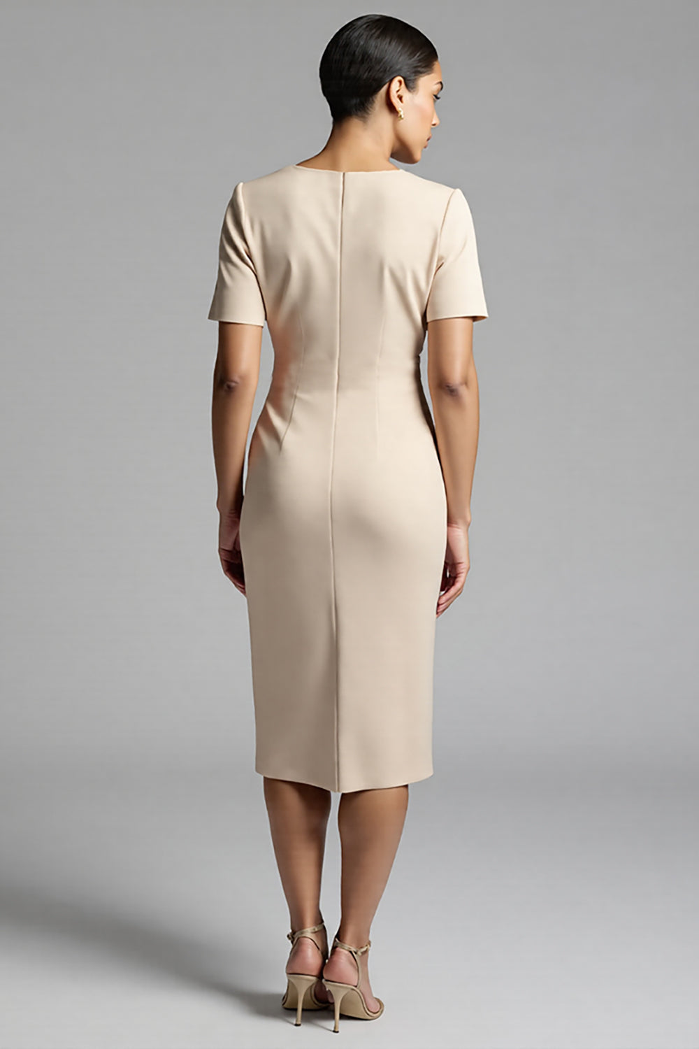Champagne Bodycon V-Neck Midi Satin Work Dress with Short Sleeves