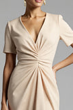 Champagne Bodycon V-Neck Midi Satin Work Dress with Short Sleeves