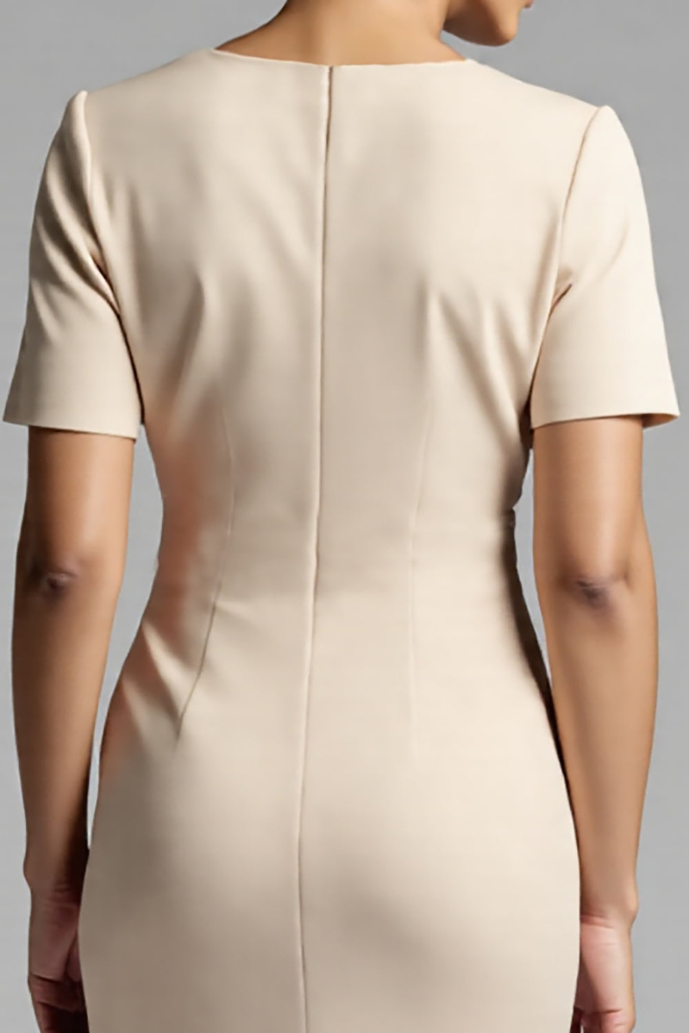 Champagne Bodycon V-Neck Midi Satin Work Dress with Short Sleeves