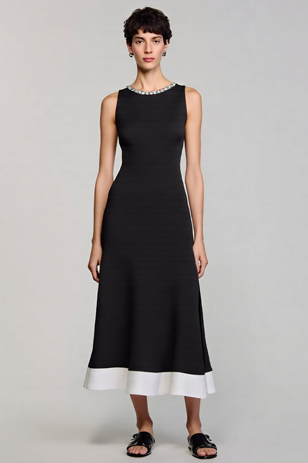 Black A Line Crew Neck Midi Satin Work Dress