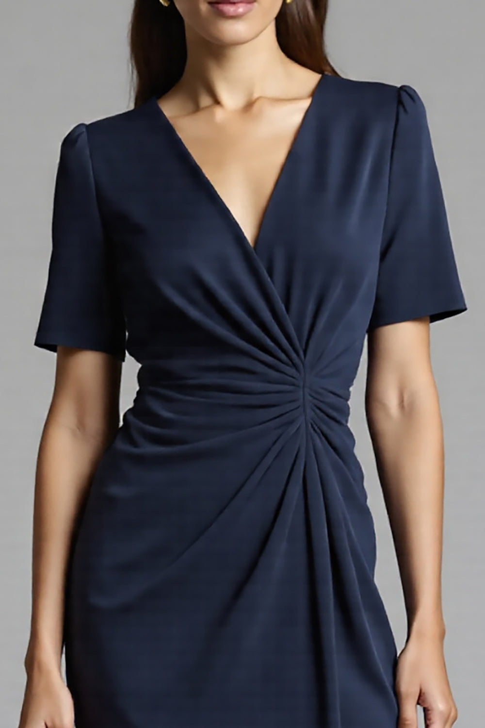 Navy Bodycon V-Neck Midi Satin Work Dress with Short Sleeves
