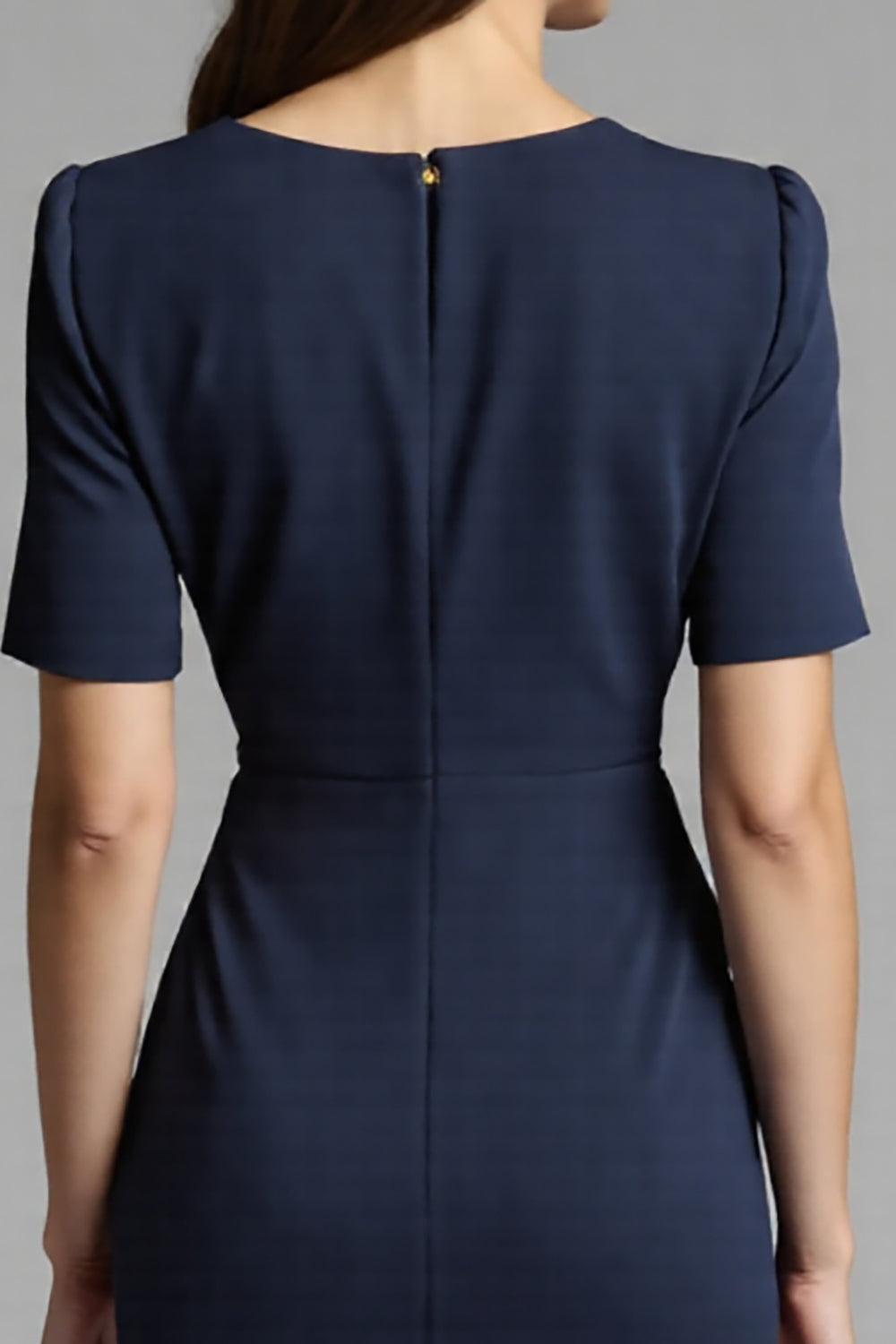 Navy Bodycon V-Neck Midi Satin Work Dress with Short Sleeves