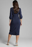 Royal Blue Satin Bodycon Midi V-Neck Work Dress with Sleeves