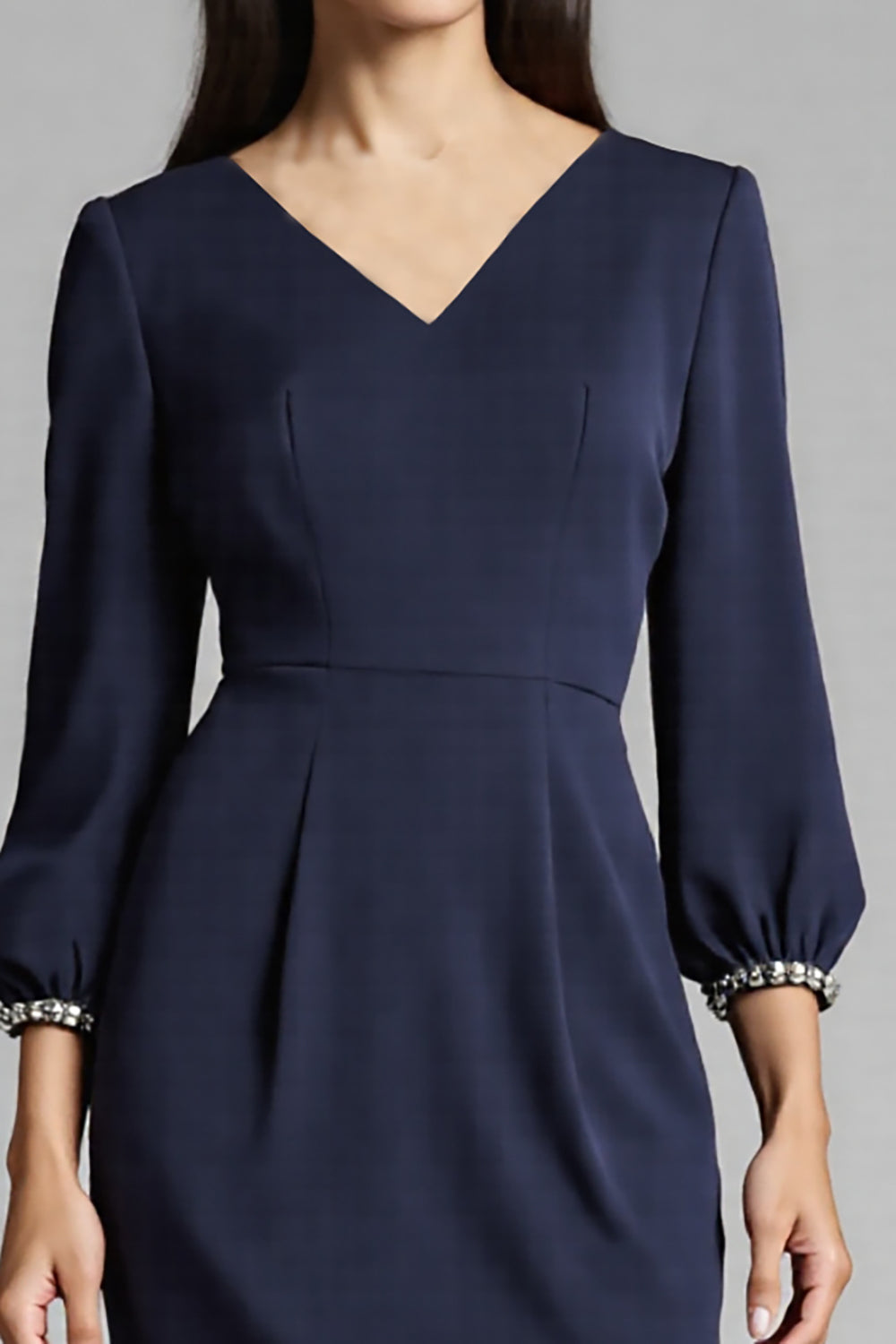 Navy Satin V-Neck Bodycon Midi Work Dress with Long Sleeves
