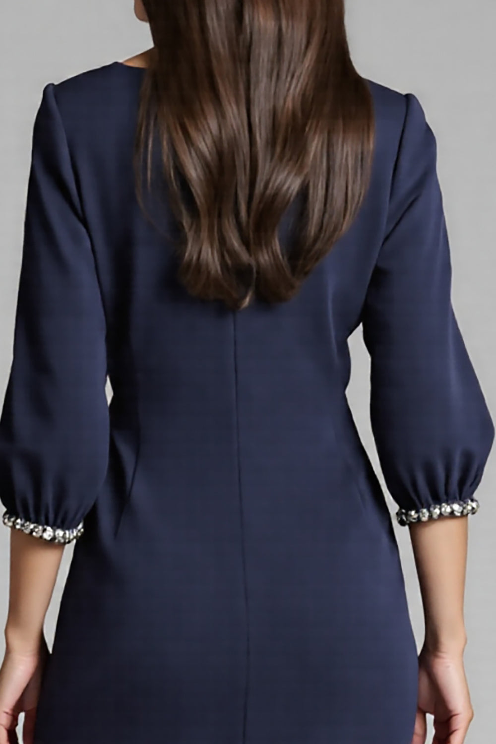 Navy Satin V-Neck Bodycon Midi Work Dress with Long Sleeves