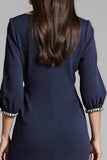 Navy Satin V-Neck Bodycon Midi Work Dress with Long Sleeves