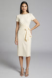 Beige Bodycon Midi Satin Work Dress with Short Sleeves