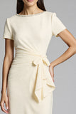 Beige Bodycon Midi Satin Work Dress with Short Sleeves