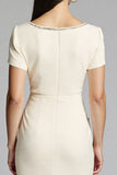 Beige Bodycon Midi Satin Work Dress with Short Sleeves