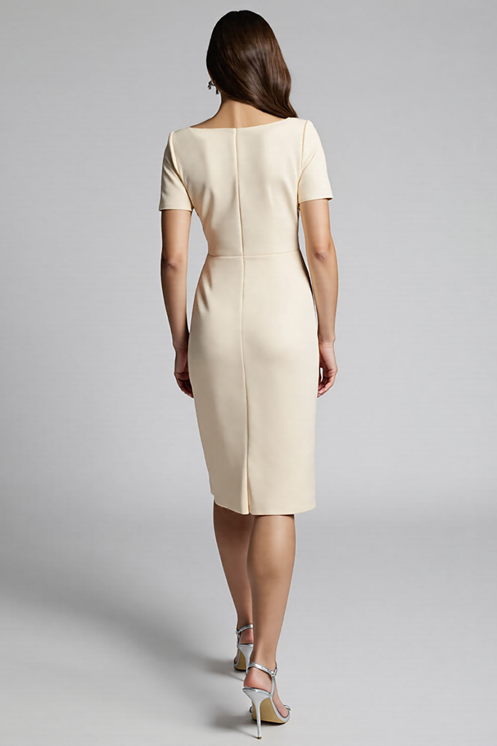 Champagne Bodycon Ruffled Midi Satin Work Dress with Short Sleeves