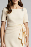 Champagne Bodycon Ruffled Midi Satin Work Dress with Short Sleeves