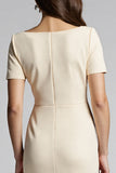 Champagne Bodycon Ruffled Midi Satin Work Dress with Short Sleeves