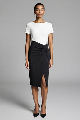 Black and White Bodycon Short Sleeves Satin Midi Work Dress with Slit