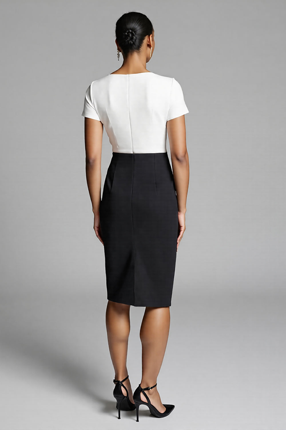 Black and White Bodycon Short Sleeves Satin Midi Work Dress with Slit