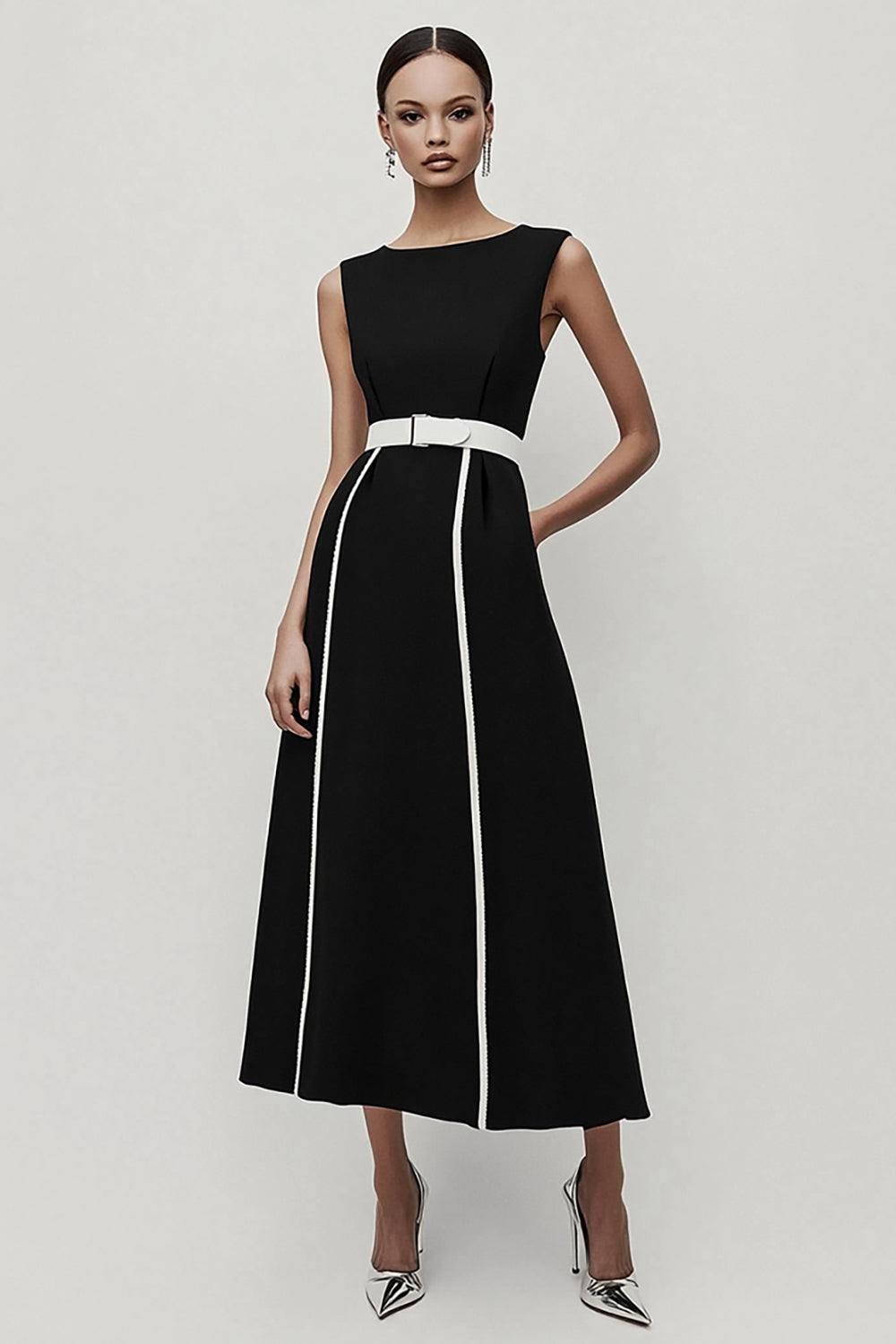 Black and White A Line Satin Crew Neck Midi Work Dress