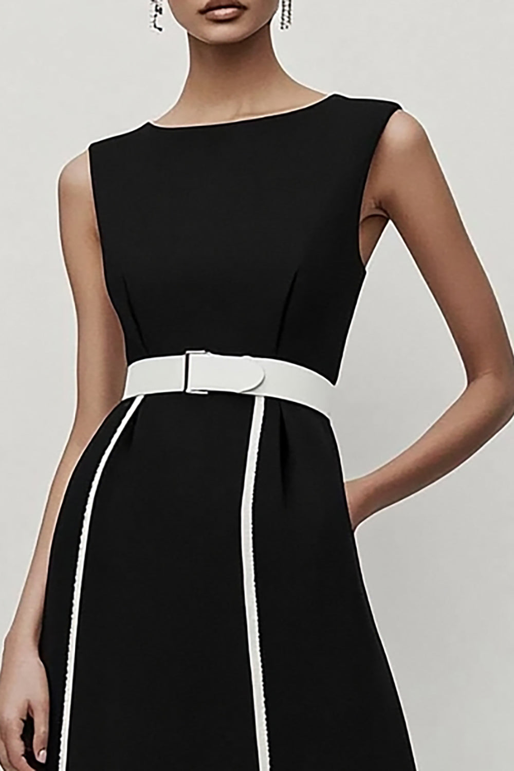 Black and White A Line Satin Crew Neck Midi Work Dress
