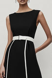 Black and White A Line Satin Crew Neck Midi Work Dress