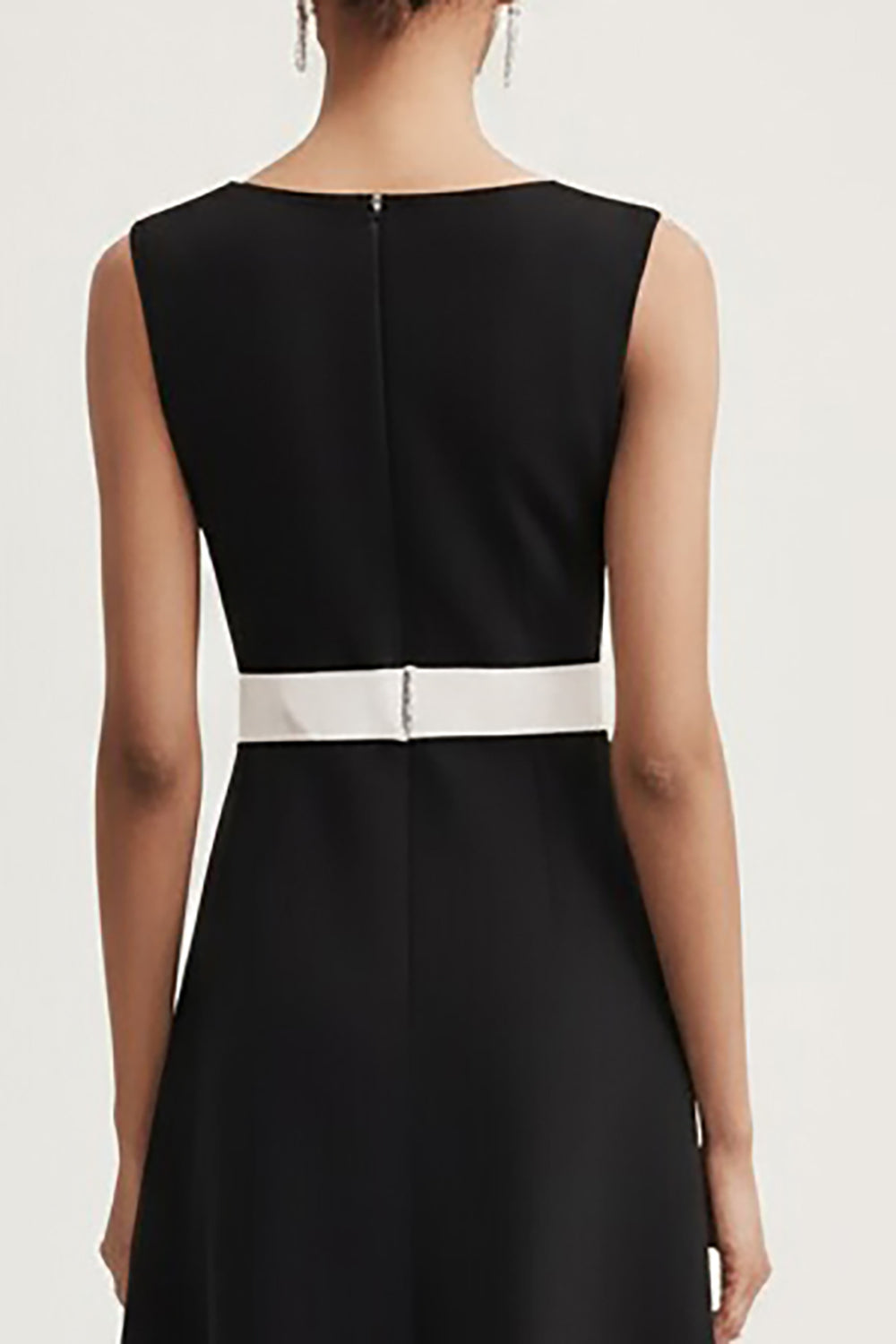 Black and White A Line Satin Crew Neck Midi Work Dress