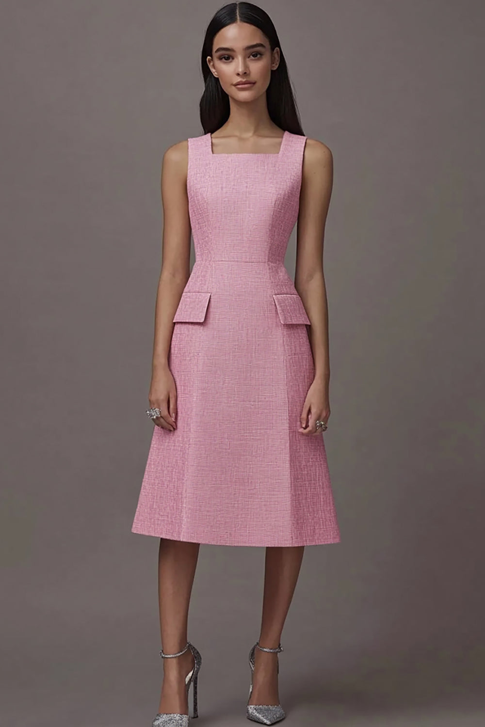 Pink Satin Square Neck A Line Midi Work Dress with Pockets