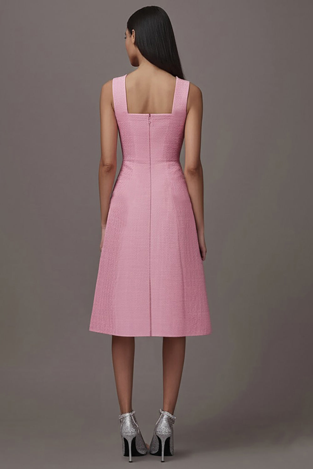 Pink Satin Square Neck A Line Midi Work Dress with Pockets