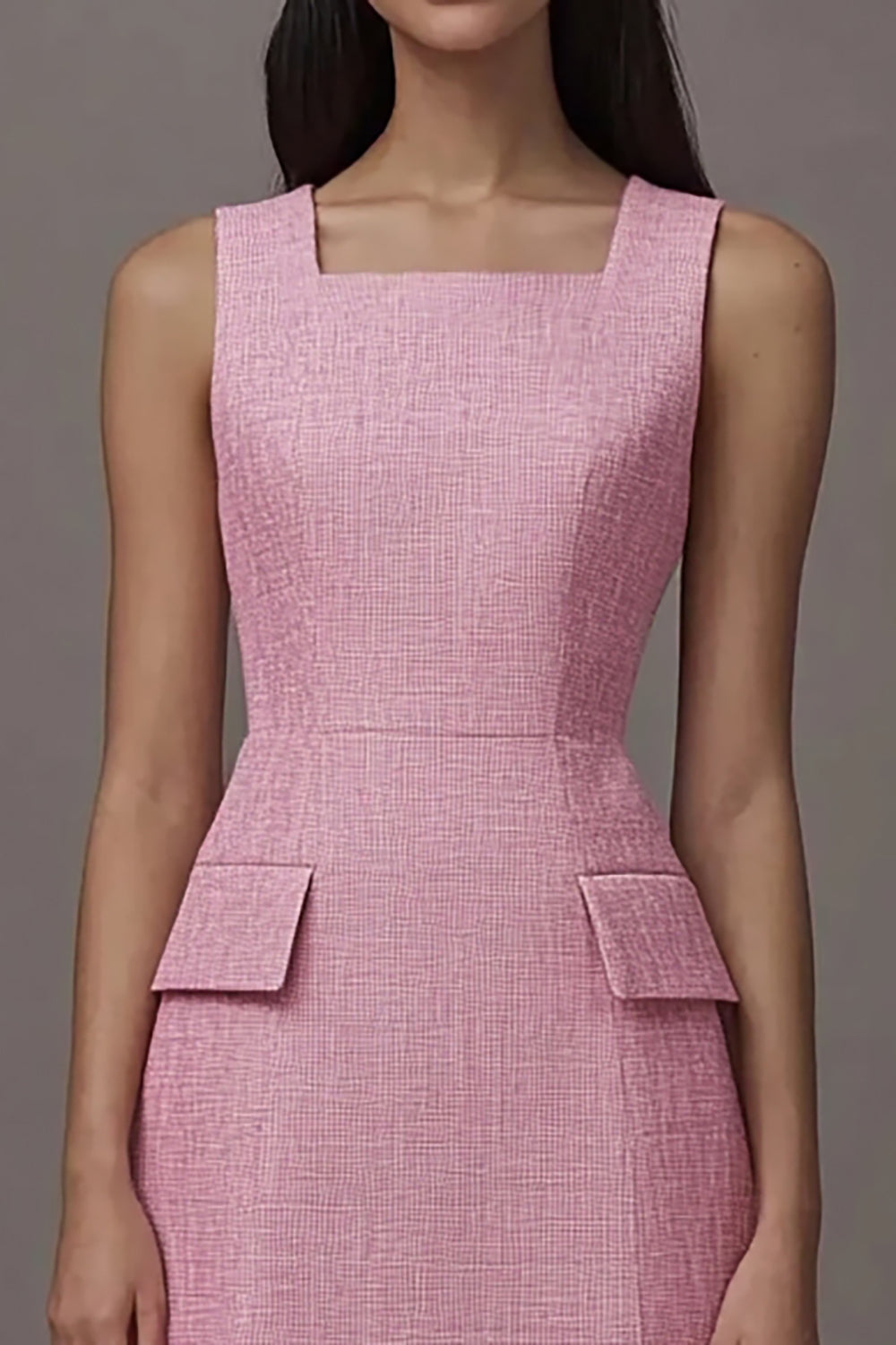 Pink Satin Square Neck A Line Midi Work Dress with Pockets