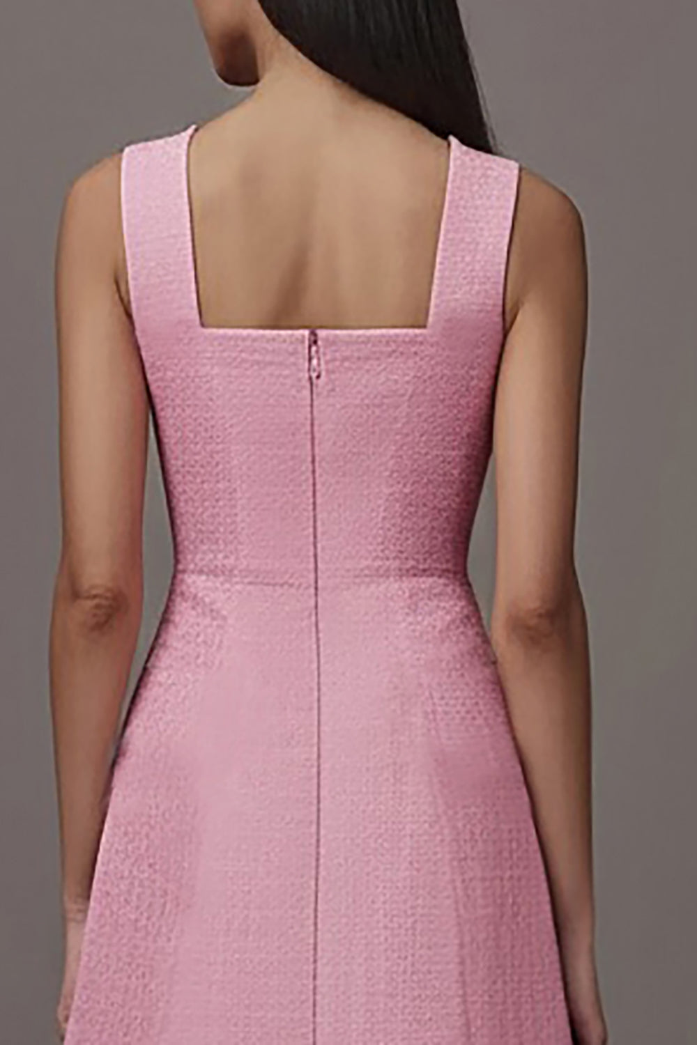 Pink Satin Square Neck A Line Midi Work Dress with Pockets