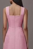 Pink Satin Square Neck A Line Midi Work Dress with Pockets