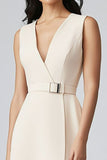 Champagne Sheath Satin Midi V-Neck Work Blazer Dress