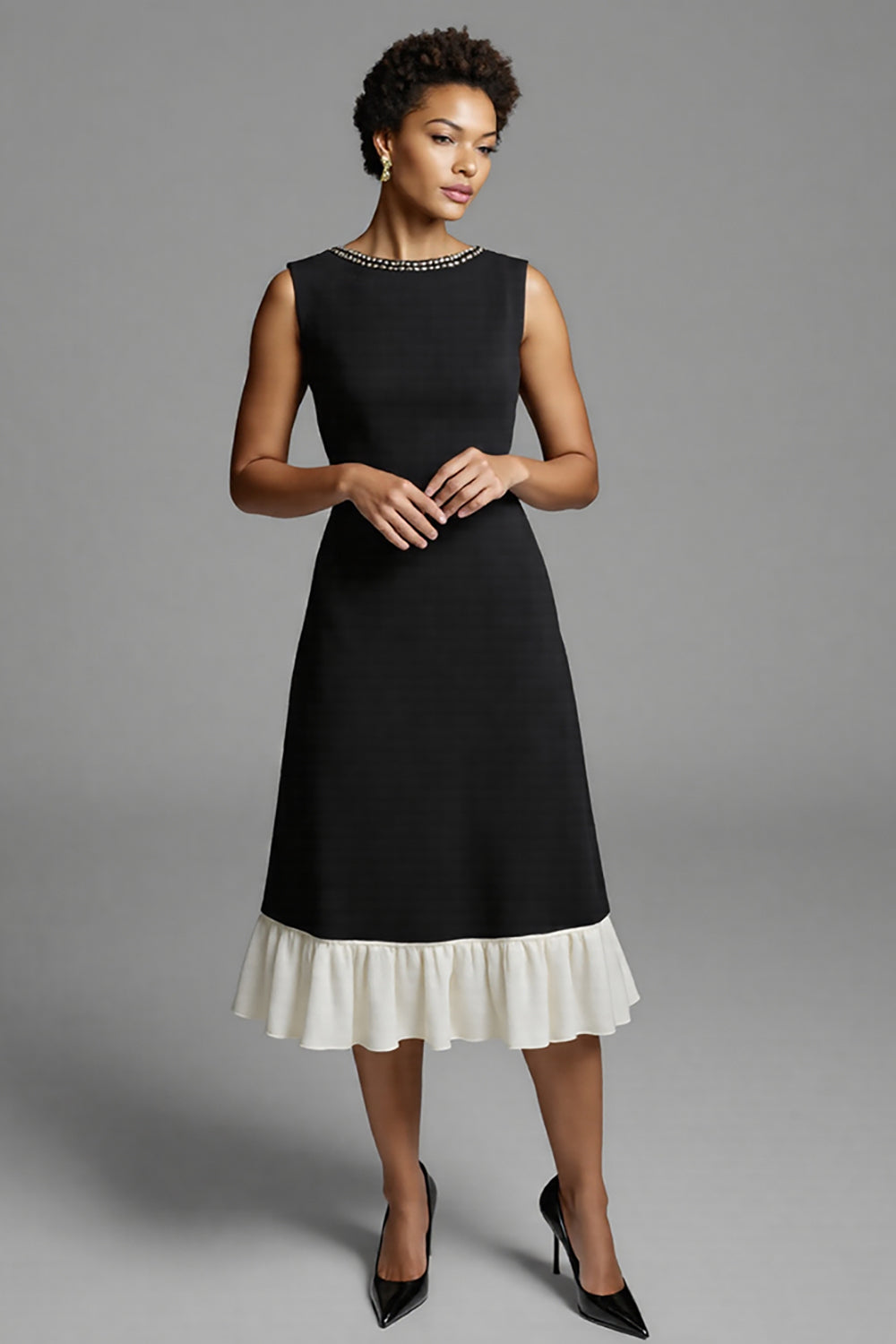 Black and White Satin A Line Midi Work Dress with Ruffles