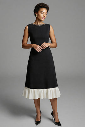 Black and White Satin A Line Midi Work Dress with Ruffles